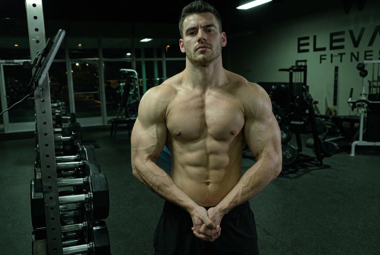 A man flexing in a gym lit only by flat overhead fluorescents, with muscle definition washed out